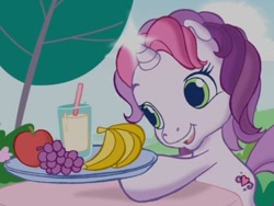 Size: 640x480 | Tagged: safe, derpibooru import, sweetie belle, sweetie belle (g3), g3.5, apple, banana, cute, diasweetes, glow, grapes, magic, milkshake, plate, sweetie belle's magic brings a great big smile