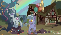 Size: 1436x844 | Tagged: safe, artist:cenyo, derpibooru import, limestone pie, marble pie, earth pony, pony, balloon, confetti, duo, duo female, female, older, pie sisters, siblings, sisters