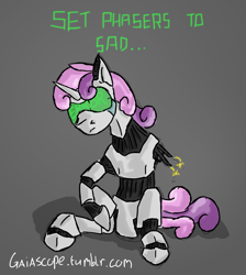 Size: 1280x1427 | Tagged: safe, artist:gaiascope, derpibooru import, sweetie belle, sweetie bot, pony, robot, robot pony, unicorn, 30 minute art challenge, amputee, error, female, filly, frown, gray background, hooves, horn, sad, simple background, sitting, solo, text