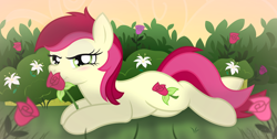 Size: 6000x3015 | Tagged: safe, artist:icaron, derpibooru import, roseluck, earth pony, pony, g4, background pony, bush, female, flower, lily (flower), mare, plant, prone, rose, show accurate, smelling, sniffing, solo