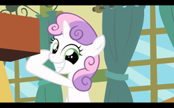 Size: 1680x1050 | Tagged: safe, derpibooru import, screencap, sweetie belle, grin, looking at you, solo