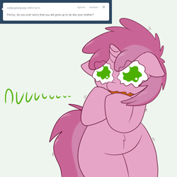 Size: 900x900 | Tagged: safe, artist:skoon, derpibooru import, ruby pinch, pony, ask berry punch, mane