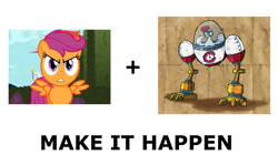 Size: 1337x796 | Tagged: safe, derpibooru import, scootaloo, colonel pluck, donkey kong country, donkey kong country returns, exploitable meme, make it happen, scootachicken