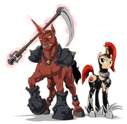 Size: 1000x971 | Tagged: safe, artist:doomy, derpibooru import, dark mistress, dungeon keeper, dungeon keeper 2, duo, horned reaper, ponified, scythe