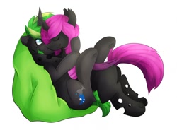 Size: 1280x943 | Tagged: safe, artist:oddends, oc, oc only, oc:azure slash, oc:lacewing, changeling, pony, unicorn, changeling oc, hug, pillow, purple changeling