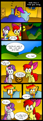 Size: 571x1600 | Tagged: safe, artist:neoncabaret, derpibooru import, apple bloom, scootaloo, sweetie belle, earth pony, pegasus, pony, unicorn, comic:apple bites, comic, cutie mark crusaders, facehoof, female, filly, hair dye