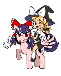 Size: 400x500 | Tagged: safe, derpibooru import, hakurei reimu, kirisame marisa, pixiv, ponified, riding, touhou