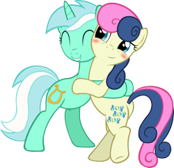 Size: 2016x1947 | Tagged: safe, artist:artpwny, derpibooru import, bon bon, lyra heartstrings, sweetie drops, bipedal, blushing, female, hug, lesbian, lyrabon, shipping, simple background, transparent background, vector