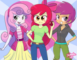 Size: 1175x930 | Tagged: safe, artist:riouku, apple bloom, scootaloo, sweetie belle, equestria girls, adorabloom, apple, clothes, cute, cutealoo, cutie mark crusaders, diasweetes, food, heart, pants