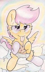 Size: 738x1165 | Tagged: safe, artist:slightlyshade, derpibooru import, scootaloo, clothes, cookie, shorts, socks, solo, tongue out, traditional art, wingboner