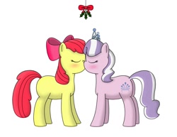 Size: 900x695 | Tagged: safe, artist:pvryohei, derpibooru import, apple bloom, diamond tiara, earth pony, pony, diamondbloom, female, holly, holly mistaken for mistletoe, kissing, lesbian, shipping