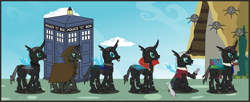 Size: 2202x900 | Tagged: safe, artist:goofycabal, derpibooru import, changeling, bruce master, changelingified, cloak, crossover, decayed master, doctor who, fob watch, necktie, saxon master, silver, tardis, the master, toclafane, tremas master, unit master, waistcoat, war master