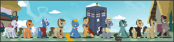 Size: 3708x900 | Tagged: safe, artist:goofycabal, derpibooru import, doctor whooves, perry pierce, blazer, bowtie, christopher eccleston, colin baker, cravat, crossover, david tennant, doctor who, eighth doctor, eleventh doctor, fez, fifth doctor, first doctor, fourth doctor, frock coat, jon pertwee, jumper, matt smith, ninth doctor, panama hat, patrick troughton, paul mcgann, peacoat, peter davison, ponified, scarf, second doctor, seventh doctor, sixth doctor, sweater vest, sylvester mccoy, tardis, tenth doctor, third doctor, tom baker, william hartnell