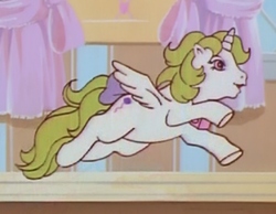 Size: 400x311 | Tagged: safe, derpibooru import, screencap, baby surprise, surprise, alicorn, pony, escape from catrina, g1, animation error, bow, cropped, error, female, flying, indoors, lullabye nursery, mare, princess surprise, solo, spot the alicorn, tail bow, winged unicorn