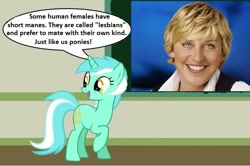 Size: 699x464 | Tagged: safe, derpibooru import, lyra heartstrings, unicorn, chalkboard, clean, ellen degeneres, female, human studies101 with lyra, implied racism, lesbian, mare