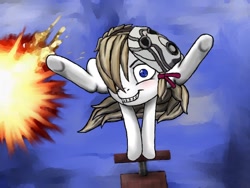 Size: 1024x768 | Tagged: safe, artist:madmax260582, derpibooru import, borderlands, borderlands 2, explosives, filly, flexible, grin, hair over one eye, leapfrog, legs in air, ponified, tiny tina, underhoof