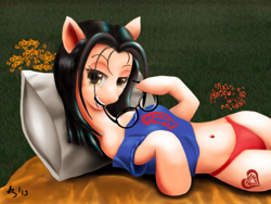 Size: 1024x768 | Tagged: safe, artist:a8702131, derpibooru import, cobra, baroness, bedroom eyes, clothes, crossover, g.i. joe, glasses, panties, pillow, ponified, t-shirt, underwear