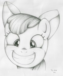 Size: 1833x2201 | Tagged: safe, artist:ayzuki, derpibooru import, apple bloom, bust, female, grayscale, monochrome, portrait, smiling, solo, traditional art