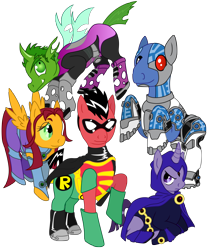 Size: 4108x4965 | Tagged: safe, artist:elliotshoe, derpibooru import, changeling, absurd resolution, beast boy, cyborg (teen titans), ponified, raven (teen titans), robin, starfire, teen titans