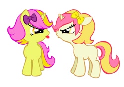 Size: 900x635 | Tagged: safe, artist:peachpalette, derpibooru import, oc, oc only, oc:daffodil, oc:peach palette, bow, filly, rivalry, sisters, twins