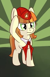 Size: 1000x1543 | Tagged: safe, artist:postscripting, derpibooru import, tag-a-long, pony, female, pioneer, salute, solo, soviet, thin mint