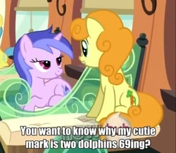 Size: 500x436 | Tagged: safe, derpibooru import, edit, edited screencap, screencap, carrot top, golden harvest, lemon hearts, sea swirl, seafoam, earth pony, pony, unicorn, just for sidekicks, bedroom eyes, caption, female, image macro, innuendo, mare, out of context