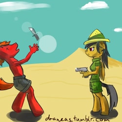 Size: 900x900 | Tagged: safe, artist:draneas, derpibooru import, daring do, anthro, unguligrade anthro, 30 minute art challenge, clothes, dead, death, gun, indiana jones, knife, parody, partial nudity, topless, x eyes