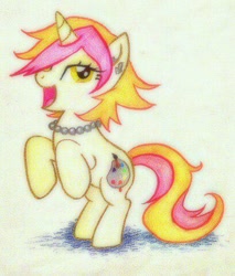 Size: 409x480 | Tagged: safe, artist:peachpalette, derpibooru import, oc, oc only, oc:peach palette, pony, unicorn, earring, happy, necklace, pencil drawing, piercing, traditional art