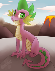 Size: 700x900 | Tagged: safe, artist:c1nman, derpibooru import, spike, dragon, sitting, solo, volcano