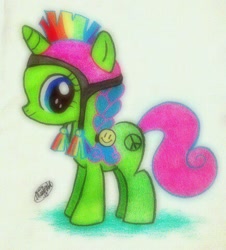 Size: 434x480 | Tagged: safe, artist:peachpalette, derpibooru import, oc, oc only, pony, unicorn, filly, foal, hat, hippie, neon, neon sign, peace symbol, sister, traditional art