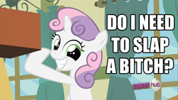 Size: 1920x1080 | Tagged: safe, derpibooru import, sweetie belle, hub logo, image macro, meme, solo, vulgar