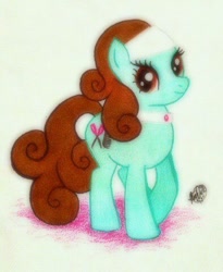 Size: 394x480 | Tagged: safe, artist:peachpalette, derpibooru import, oc, oc only, oc:cosmo, earth pony, pony, cousin, headband, spa pony, traditional art