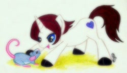 Size: 480x278 | Tagged: safe, artist:peachpalette, derpibooru import, oc, oc only, oc:dexterity, mouse, pony, rat, unicorn, traditional art