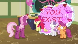 Size: 640x360 | Tagged: safe, artist:capnpea, derpibooru import, edit, edited screencap, screencap, apple bloom, cheerilee, scootaloo, sweetie belle, earth pony, pegasus, pony, unicorn, hearts and hooves day (episode), balloon, bow, card, cutie mark crusaders, female, filly, fimbriae, frown, hearts and hooves day, looking up, mare, ponyville schoolhouse, ribbon, sideways glance, smiling, spread wings, wat, wide eyes, wings