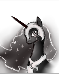 Size: 360x456 | Tagged: safe, artist:derpygoverness, derpibooru import, nightmare moon, alicorn, pony, black coat, crying, female, horn, mare, solo, wings