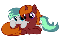 Size: 1024x648 | Tagged: safe, artist:symbianl, derpibooru import, oc, oc only, aeris, rockshire, shipping, snuggling