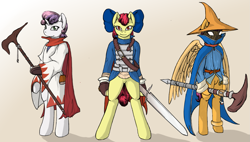 Size: 1781x1014 | Tagged: safe, artist:vicmanone, derpibooru import, apple bloom, scootaloo, sweetie belle, anthro, black mage, crossover, cutie mark crusaders, final fantasy, final fantasy tactics, hat, sword, white mage