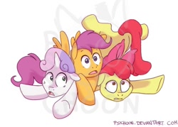 Size: 634x454 | Tagged: safe, artist:psychoon, derpibooru import, apple bloom, scootaloo, sweetie belle, cutie mark crusaders