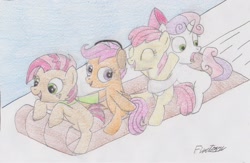 Size: 1892x1230 | Tagged: safe, artist:poknees, derpibooru import, apple bloom, babs seed, scootaloo, sweetie belle, cutie mark crusaders, happy, headphones, smiling, traditional art