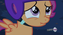 Size: 1920x1080 | Tagged: safe, derpibooru import, scootaloo, sleepless in ponyville, crying, helmet, hub logo, scrunchy face, teary eyes