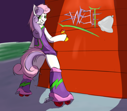 Size: 3270x2866 | Tagged: safe, artist:skunkstripe, derpibooru import, sweetie belle, pony, bipedal, clothes, graffiti, jet set radio, skates