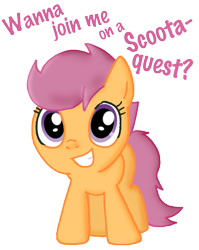 Size: 920x1158 | Tagged: safe, artist:ajmstudios, derpibooru import, scootaloo, cute, cutealoo, scootaquest, solo, text