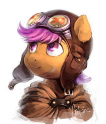 Size: 1370x1598 | Tagged: safe, artist:audrarius, scootaloo, pony, bust, female, goggles, pilot, portrait, solo, sticking plaster