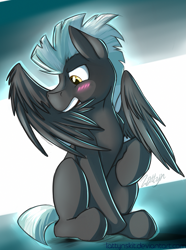 Size: 1495x2005 | Tagged: safe, artist:dripponi, artist:lattynskit, thunderlane, pegasus, pony, behaving like a bird, blushing, cute, glare, male, preening, raised hoof, sitting, solo, spread wings, stallion, thunderbetes