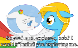 Size: 1504x926 | Tagged: safe, artist:xeirox, derpibooru import, edit, oc, oc only, oc:google chrome, oc:internet explorer, earth pony, pegasus, pony, blushing, browser ponies, caption, exploitable meme, female, google chrome, interchrome, interchrome meme, internet browser, internet explorer, lesbian, lesbian pony internet browsers, looking at each other, mare, oc x oc, shipping