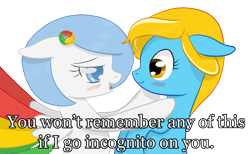 Size: 1504x926 | Tagged: safe, artist:xeirox, derpibooru import, edit, oc, oc only, oc:google chrome, oc:internet explorer, earth pony, pegasus, pony, blushing, browser ponies, caption, exploitable meme, female, google chrome, interchrome, interchrome meme, internet browser, internet explorer, lesbian, lesbian pony internet browsers, looking at each other, mare, oc x oc, shipping