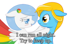 Size: 1504x926 | Tagged: safe, artist:xeirox, derpibooru import, edit, oc, oc only, oc:google chrome, oc:internet explorer, earth pony, pegasus, pony, blushing, browser ponies, caption, exploitable meme, female, google chrome, interchrome, interchrome meme, internet browser, internet explorer, lesbian, lesbian pony internet browsers, looking at each other, mare, oc x oc, shipping