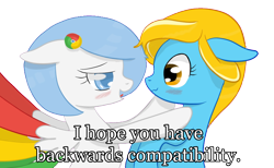 Size: 1504x926 | Tagged: safe, artist:xeirox, derpibooru import, edit, oc, oc only, oc:google chrome, oc:internet explorer, earth pony, pegasus, pony, blushing, browser ponies, caption, exploitable meme, female, google chrome, interchrome, interchrome meme, internet browser, internet explorer, lesbian, lesbian pony internet browsers, looking at each other, mare, oc x oc, shipping