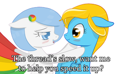 Size: 1504x926 | Tagged: safe, artist:xeirox, derpibooru import, edit, oc, oc only, oc:google chrome, oc:internet explorer, earth pony, pegasus, pony, blushing, browser ponies, caption, exploitable meme, female, google chrome, interchrome, interchrome meme, internet browser, internet explorer, lesbian, lesbian pony internet browsers, looking at each other, mare, oc x oc, shipping