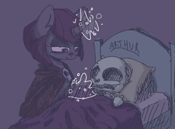 Size: 897x661 | Tagged: safe, artist:nobody, oc, oc only, oc:necropone, pony, unicorn, bed, blanket, cloak, clothes, cute, dark, dead, female, gray background, levitation, lidded eyes, magic, mare, ocbetes, simple background, skeleton, skull, smiling, telekinesis, tucking in